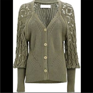 Jonathan Simkhai Adeline Crochet Open Knit Cardigan Bishop Sleeves Olive Green